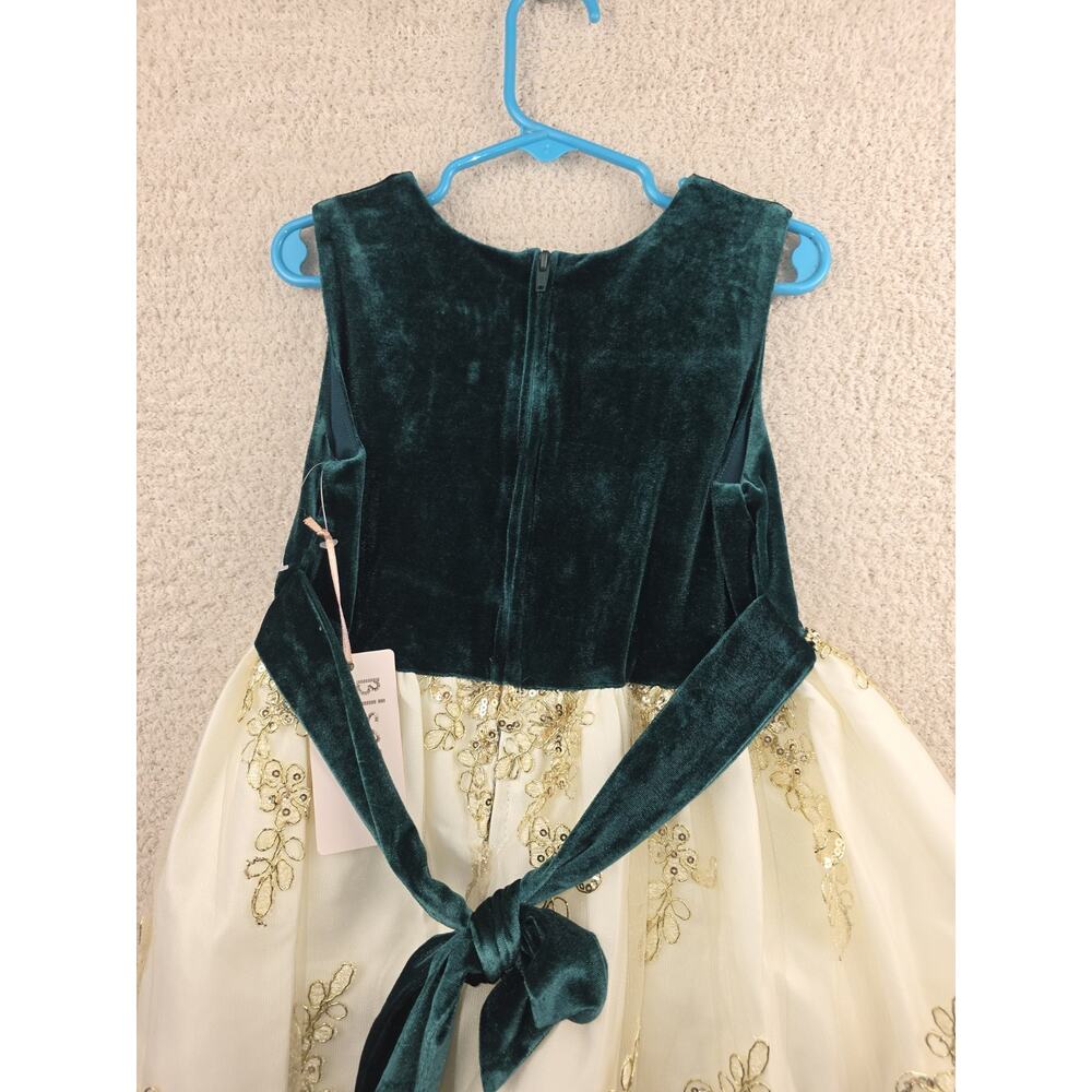 Biscotti Collezioni Girls Green Velvet and Ivory Gold Embroidered Formal Dress 6 - Picture 8 of 15